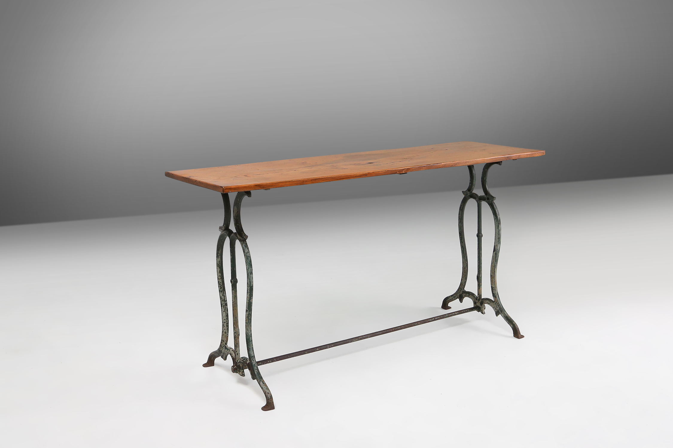 French bistro table with elegant metal base and oak top, ca. 1890thumbnail